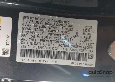 2023 Honda Civic Touring из США, поврежденный, VIN 2HGFE1F90PH308302